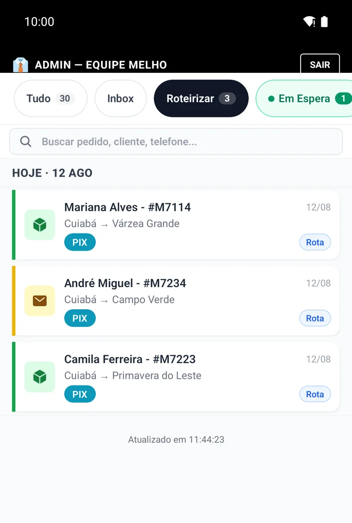Painel de despacho com pedidos em diferentes etapas