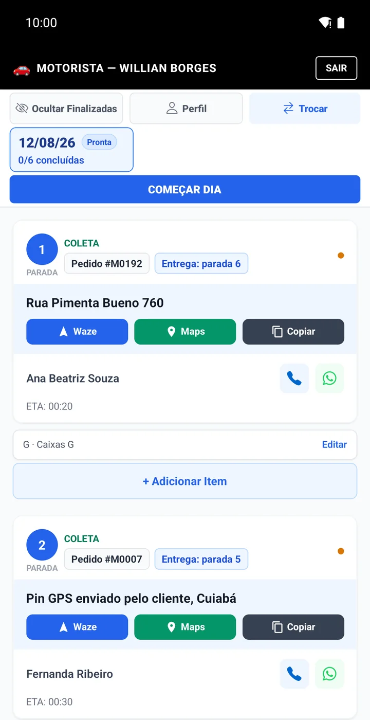 Aplicativo do motorista com paradas e atalhos de navegação